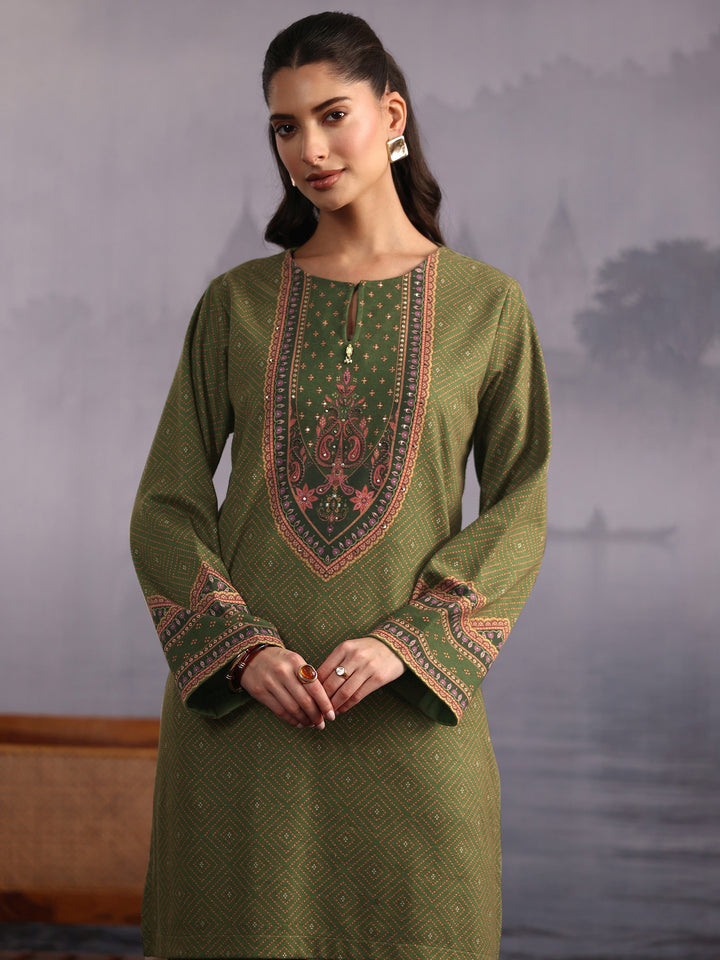 Libas Olive Green Bandhani Printed Woolen Straight Suit Set