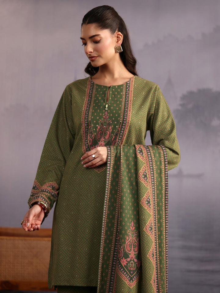 Libas Olive Green Bandhani Printed Woolen Straight Suit Set