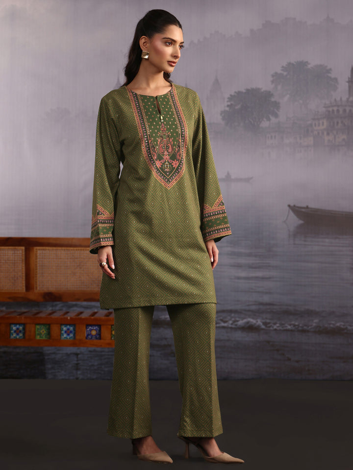 Libas Olive Green Bandhani Printed Woolen Straight Suit Set