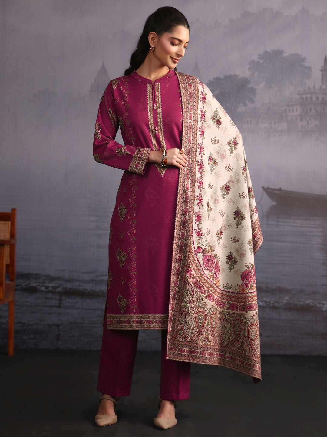 Libas Pink Floral Printed Woolen Straight Suit Set