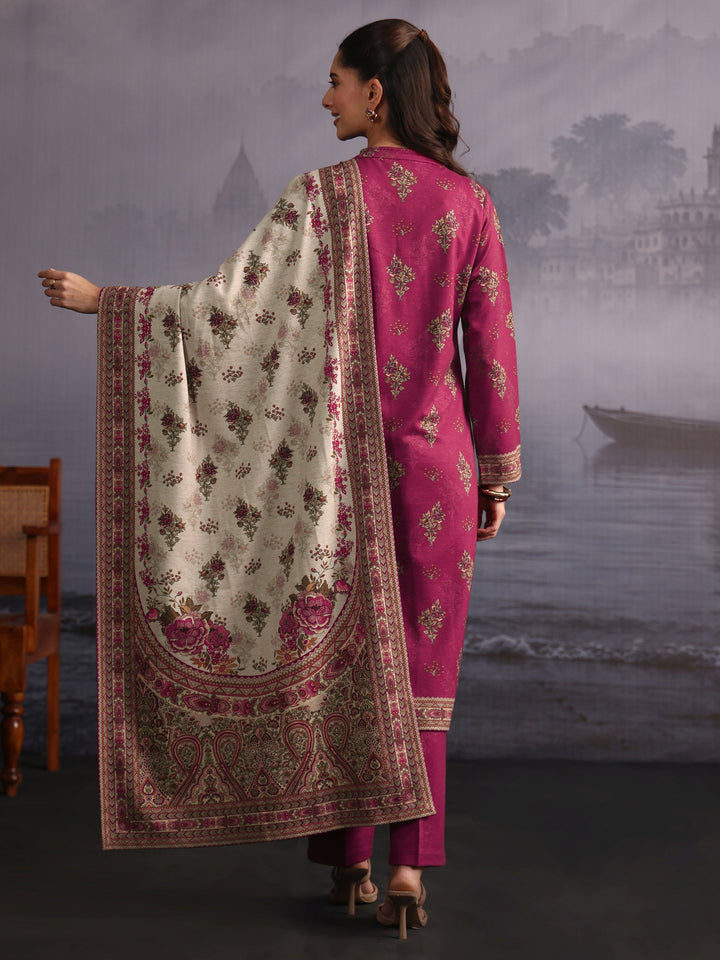 Libas Pink Floral Printed Woolen Straight Suit Set