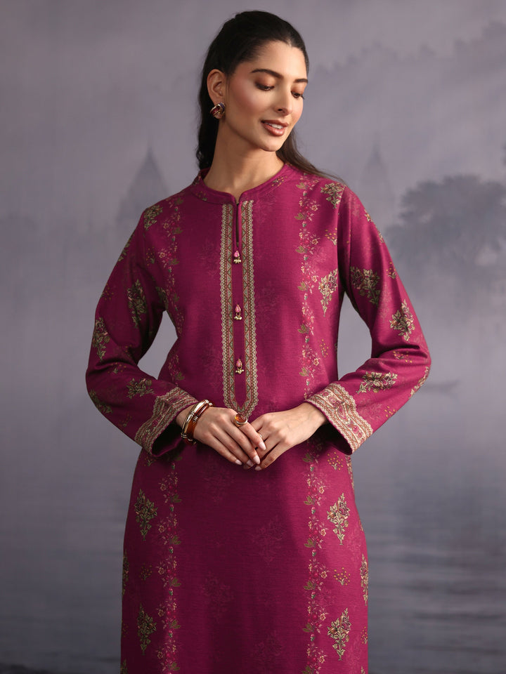 Libas Pink Floral Printed Woolen Straight Suit Set