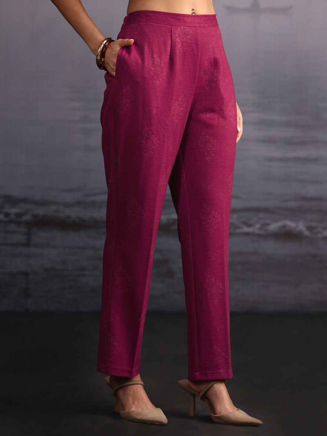 Libas Pink Floral Printed Woolen Straight Suit Set