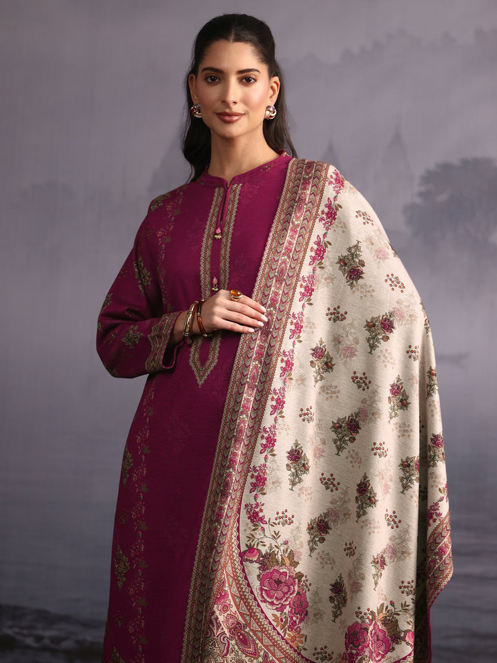 Libas Pink Floral Printed Woolen Straight Suit Set