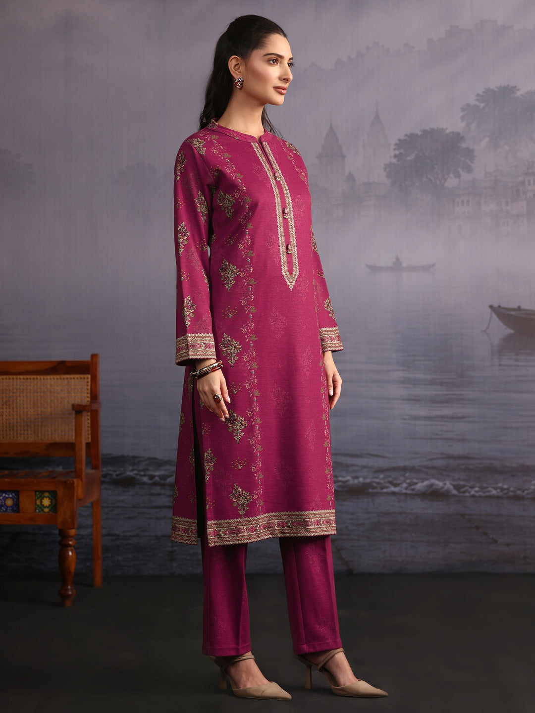 Libas Pink Floral Printed Woolen Straight Suit Set