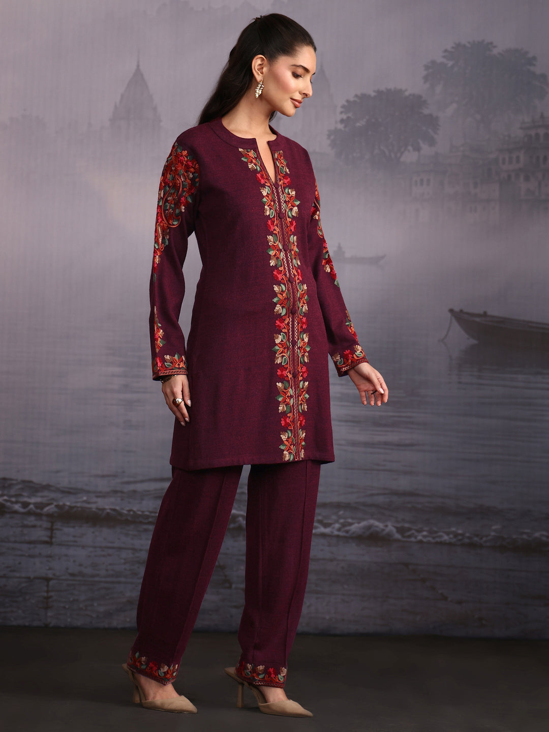 Libas Burgundy Floral Embroidered Woolen Co-Ord Set