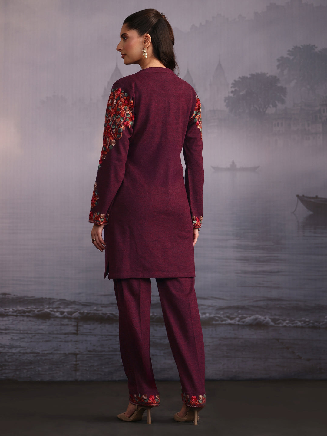 Libas Burgundy Floral Embroidered Woolen Co-Ord Set
