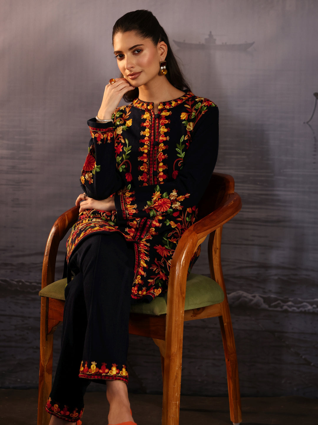 Libas Navy Blue Floral Embroidered Woolen Co-Ord Set