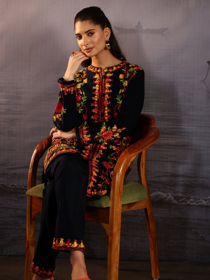 Libas Navy Blue Floral Embroidered Woolen Co-Ord Set