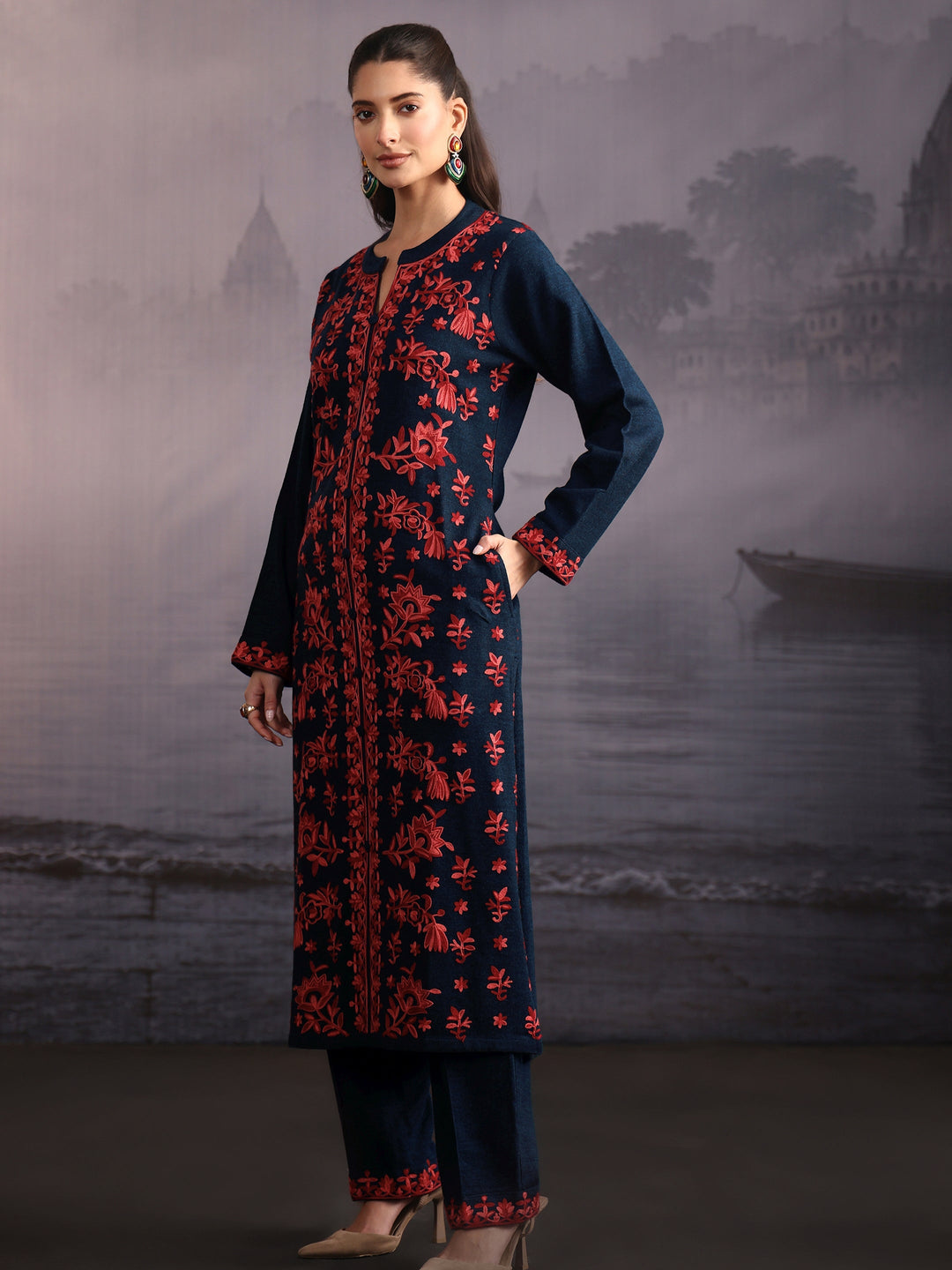 Libas Deep Teal Blue Floral Embroidered Woolen Straight Suit Set