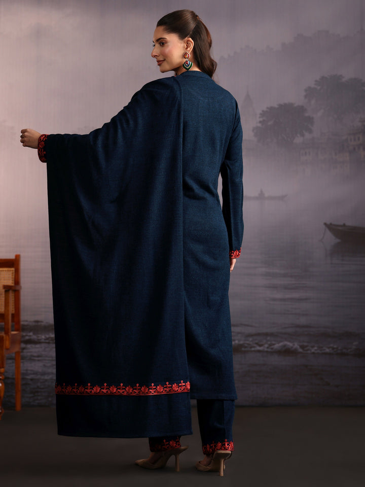 Libas Deep Teal Blue Floral Embroidered Woolen Straight Suit Set