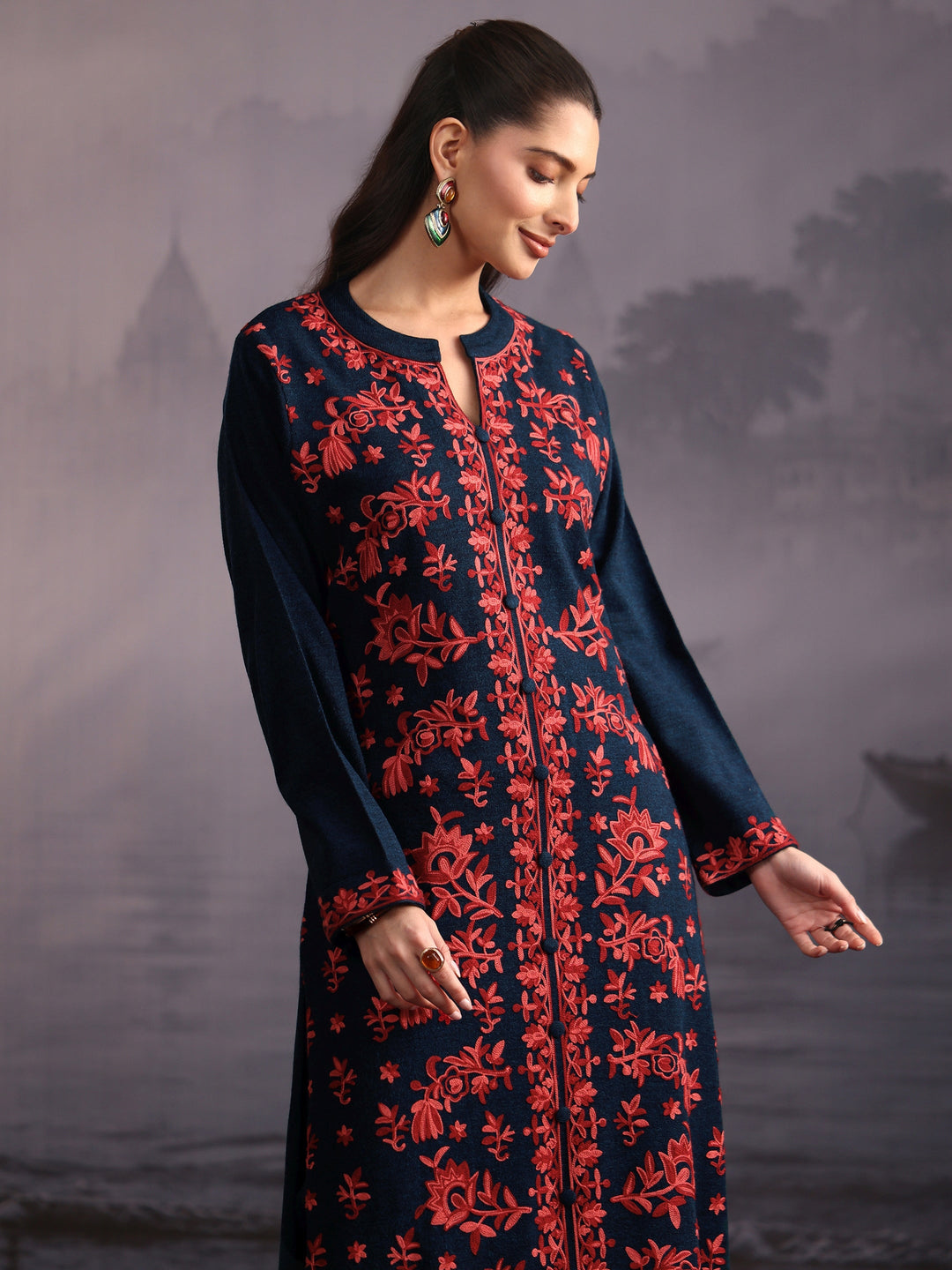 Libas Deep Teal Blue Floral Embroidered Woolen Straight Suit Set