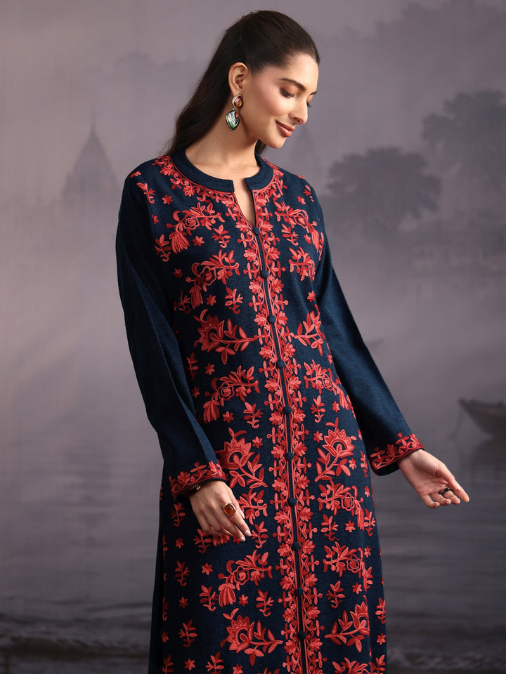 Libas Deep Teal Blue Floral Embroidered Woolen Straight Suit Set