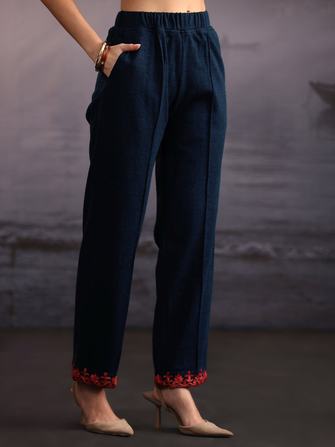 Libas Deep Teal Blue Floral Embroidered Woolen Straight Suit Set