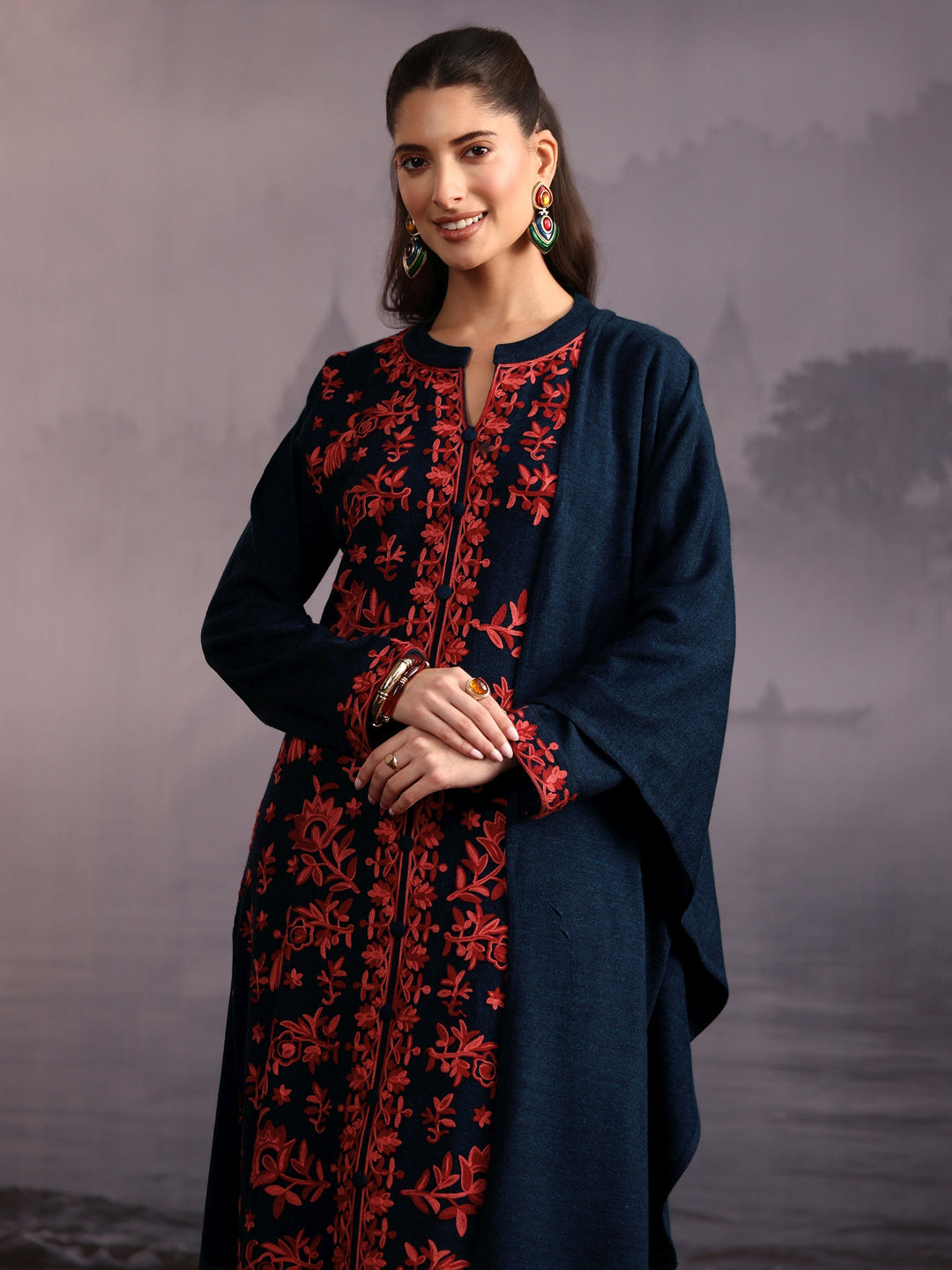 Libas Deep Teal Blue Floral Embroidered Woolen Straight Suit Set