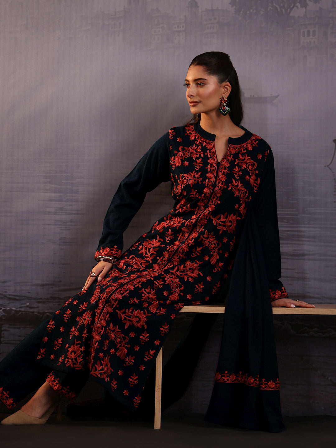Libas Deep Teal Blue Floral Embroidered Woolen Straight Suit Set