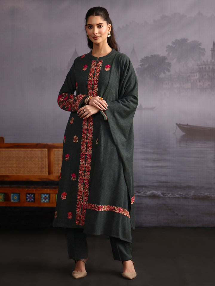 Libas Dark Green Floral Embroidered Woolen Straight Suit Set