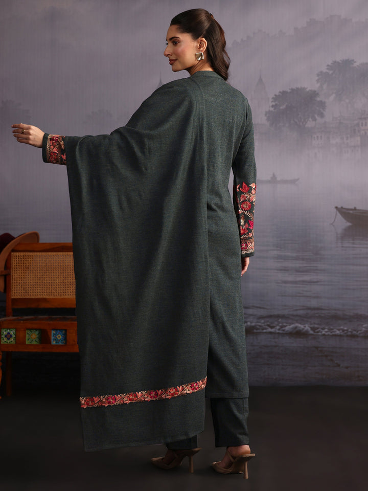 Libas Dark Green Floral Embroidered Woolen Straight Suit Set