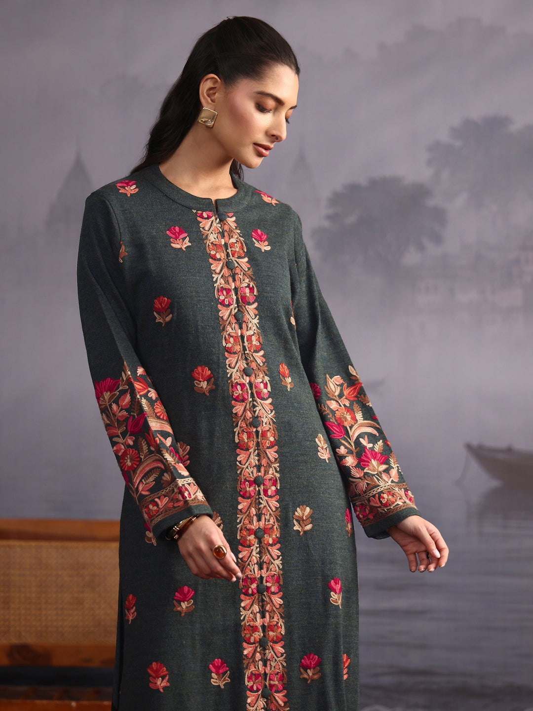 Libas Dark Green Floral Embroidered Woolen Straight Suit Set