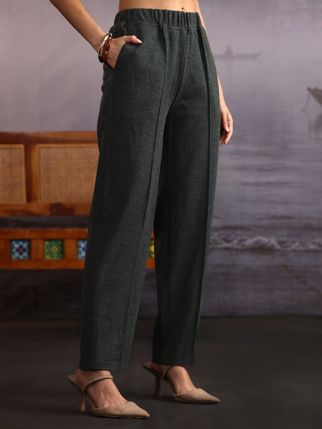 Libas Dark Green Floral Embroidered Woolen Straight Suit Set