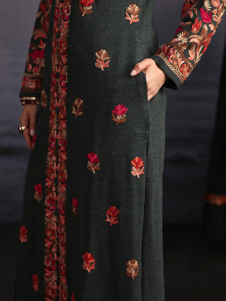 Libas Dark Green Floral Embroidered Woolen Straight Suit Set