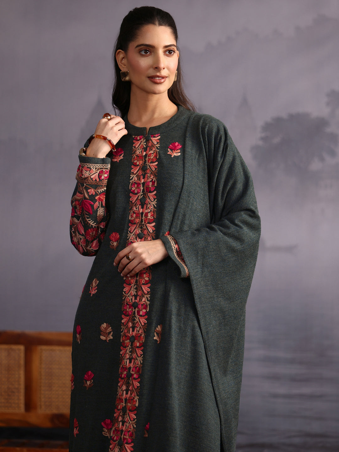 Libas Dark Green Floral Embroidered Woolen Straight Suit Set
