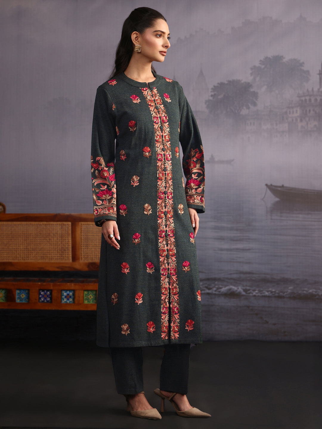 Libas Dark Green Floral Embroidered Woolen Straight Suit Set