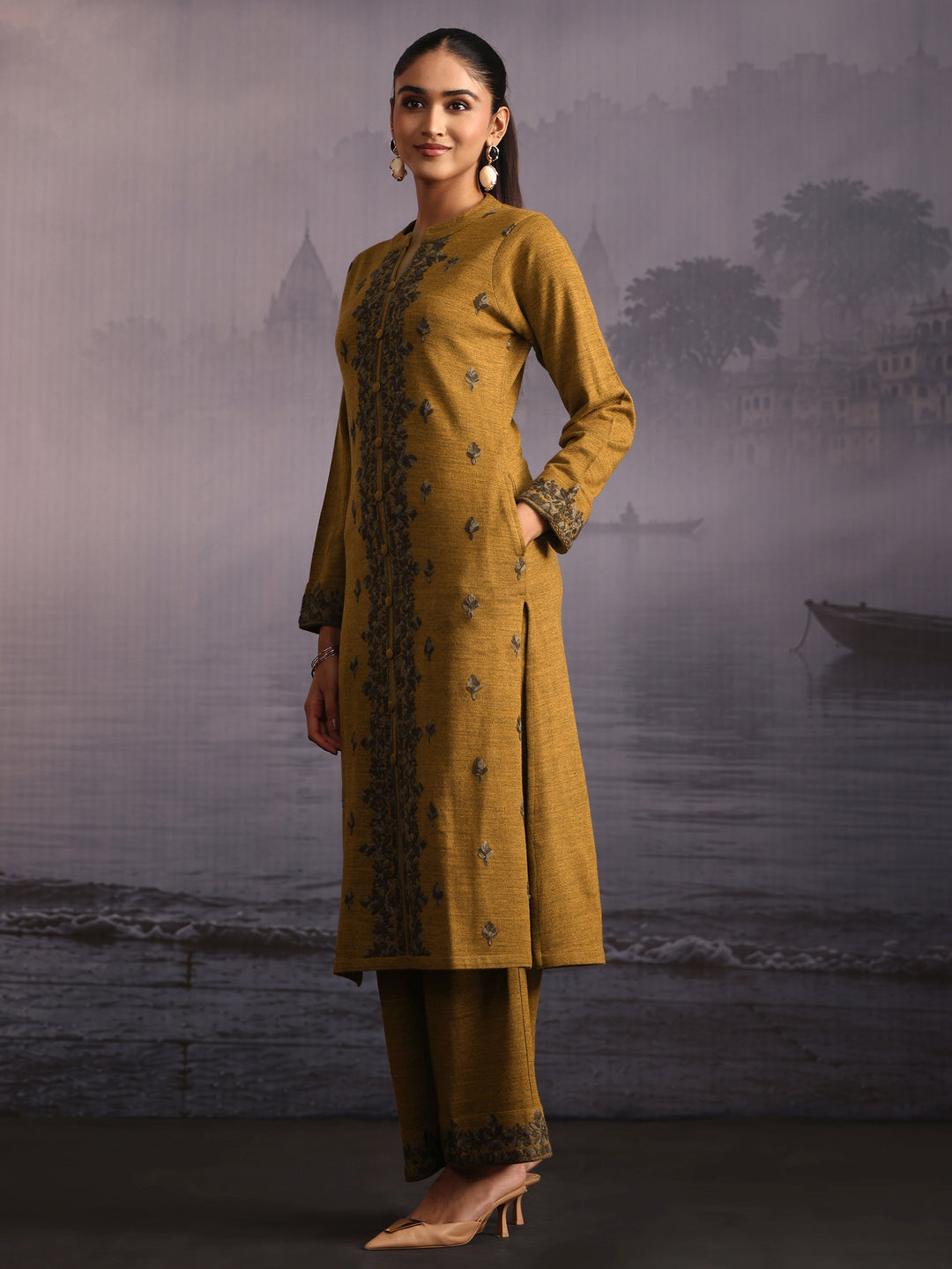 Libas Mustard Floral Embroidered Woolen Straight Suit Set