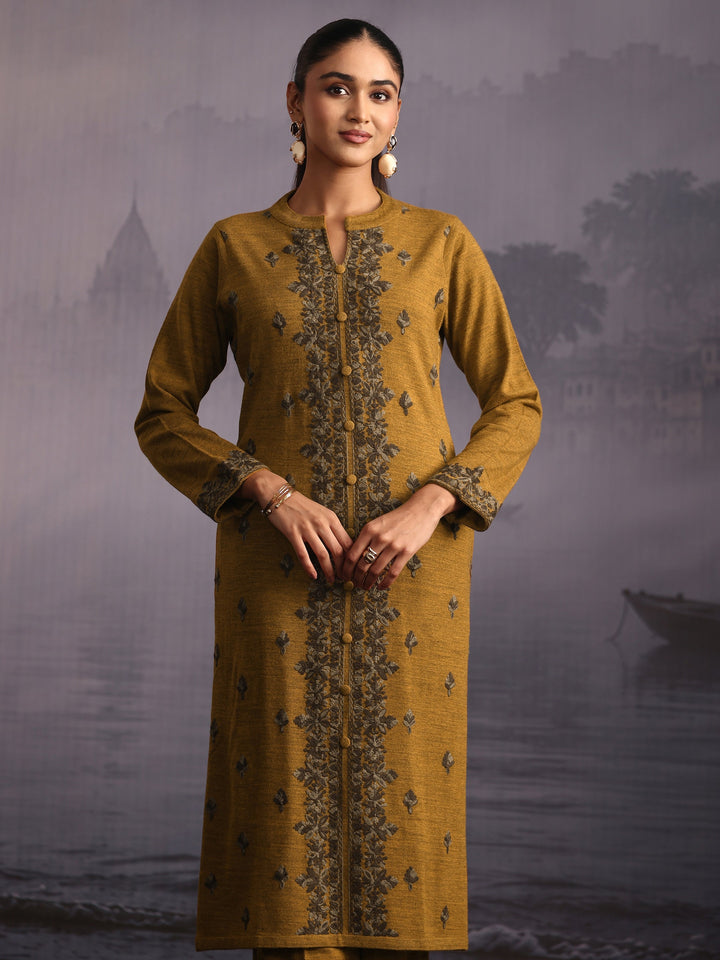 Libas Mustard Floral Embroidered Woolen Straight Suit Set