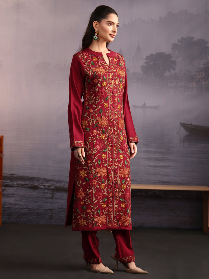 Libas Dark Pink Floral Embroidered Woolen Straight Suit Set