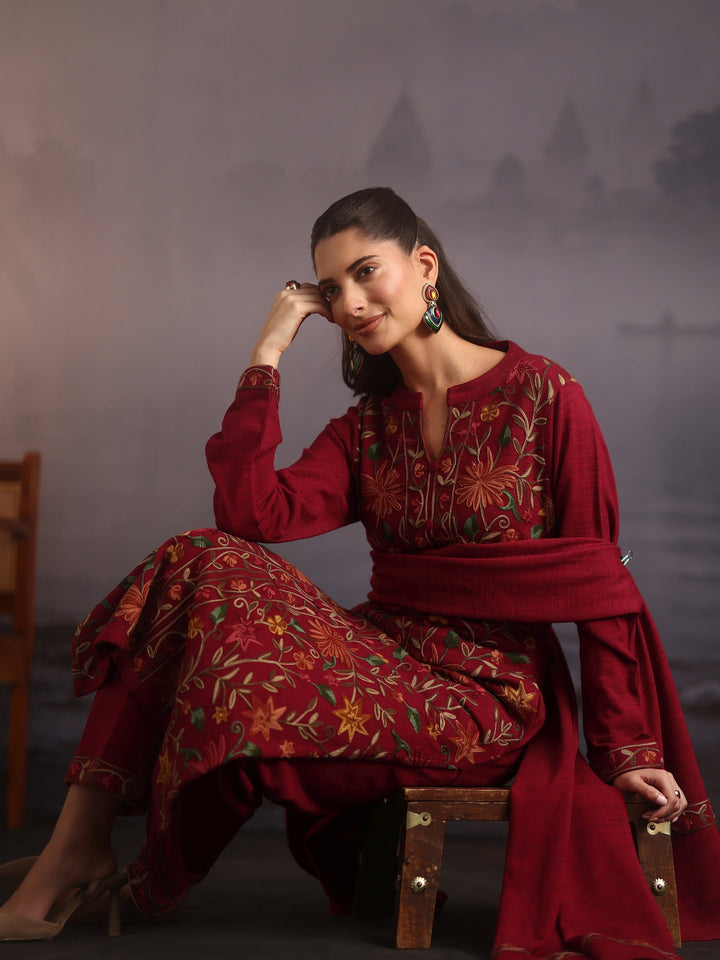 Libas Dark Pink Floral Embroidered Woolen Straight Suit Set