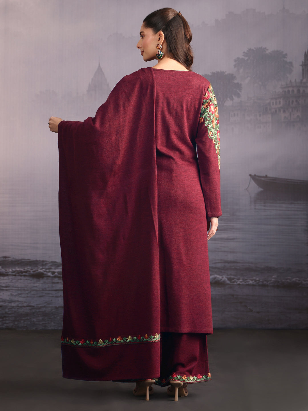 Libas Maroon Floral Embroidered Woolen Straight Suit Set