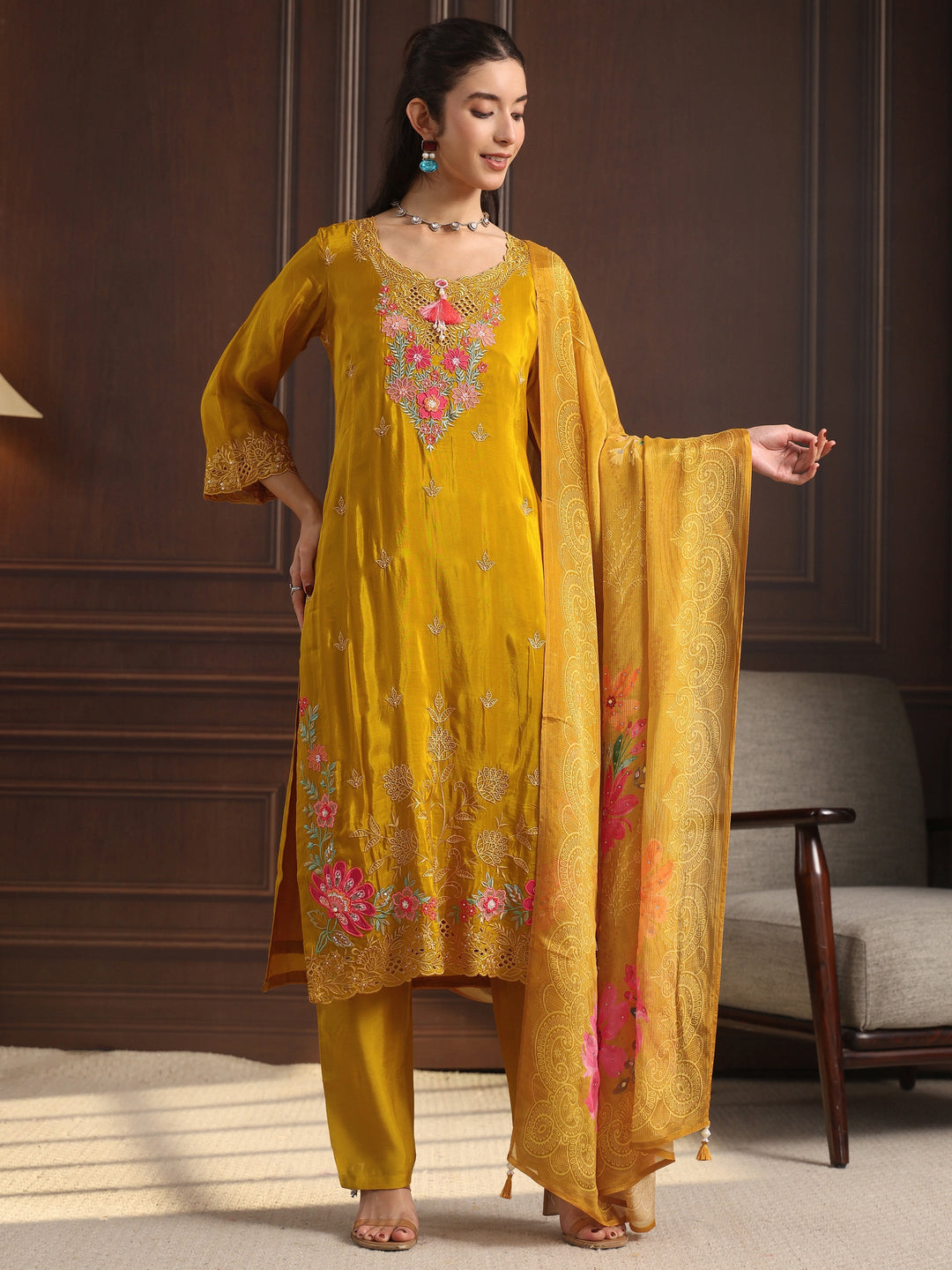 Libas Mustard  Floral Embroidered Crepe Straight Suit Set