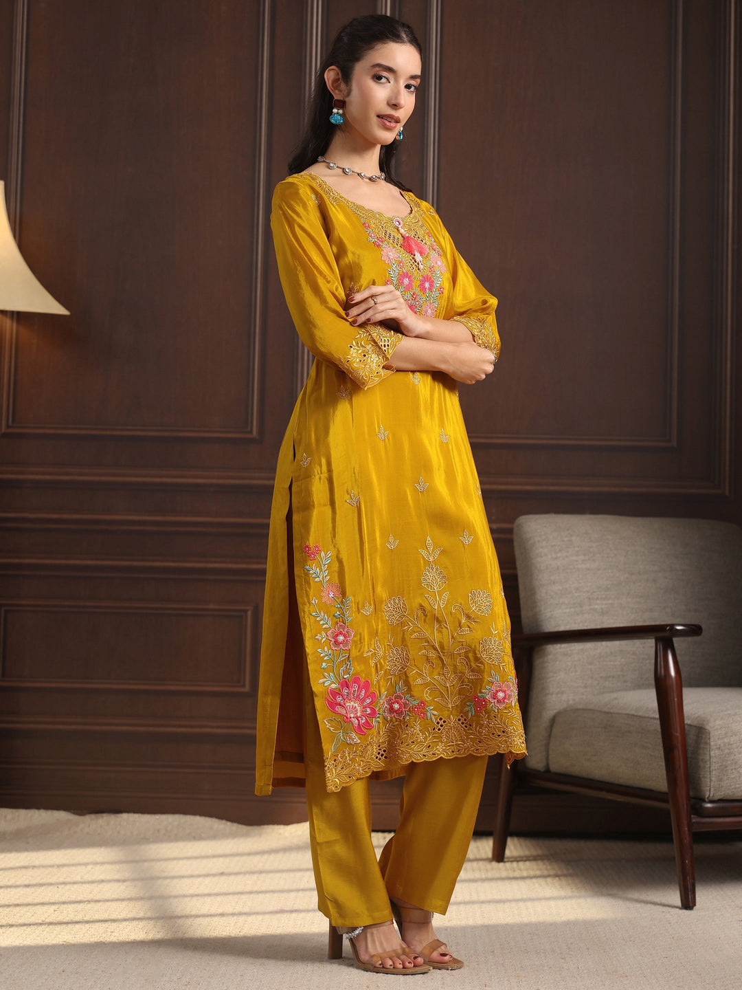 Libas Mustard  Floral Embroidered Crepe Straight Suit Set