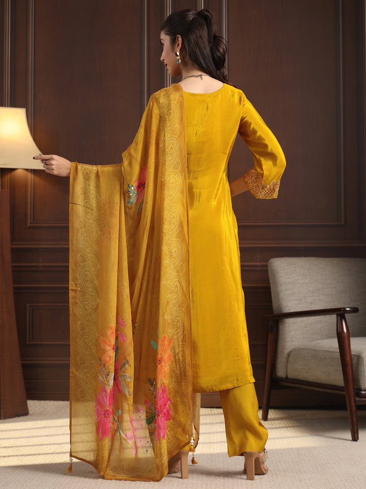Libas Mustard  Floral Embroidered Crepe Straight Suit Set