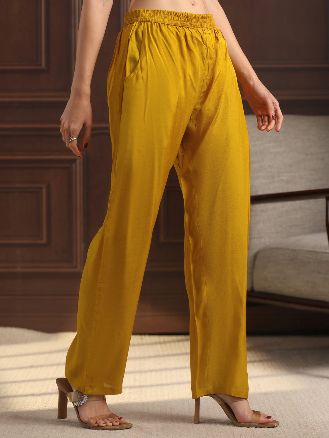 Libas Mustard  Floral Embroidered Crepe Straight Suit Set