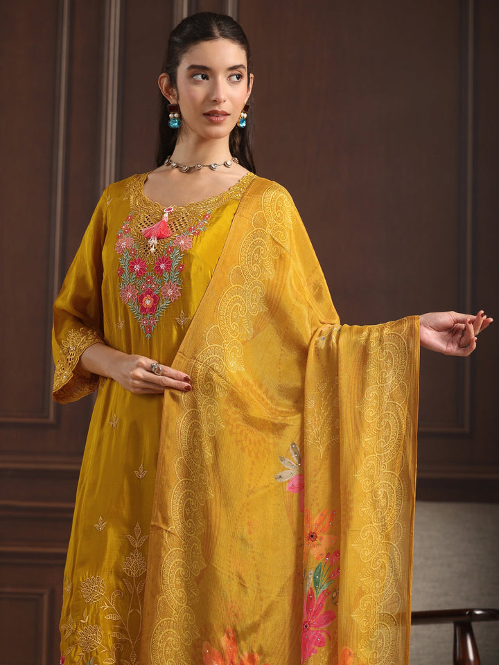Libas Mustard  Floral Embroidered Crepe Straight Suit Set