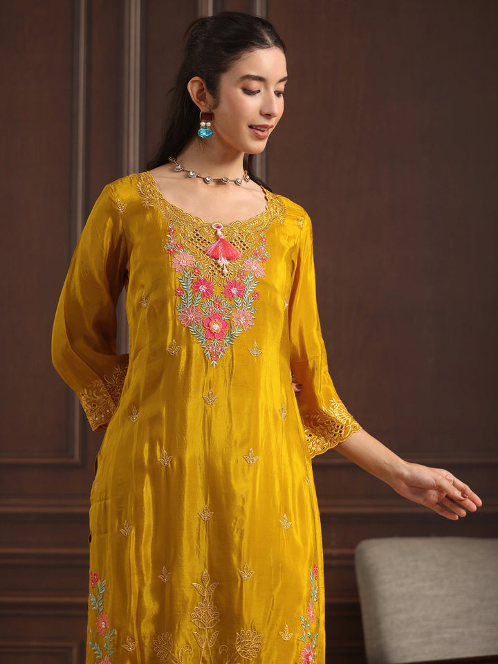 Libas Mustard  Floral Embroidered Crepe Straight Suit Set