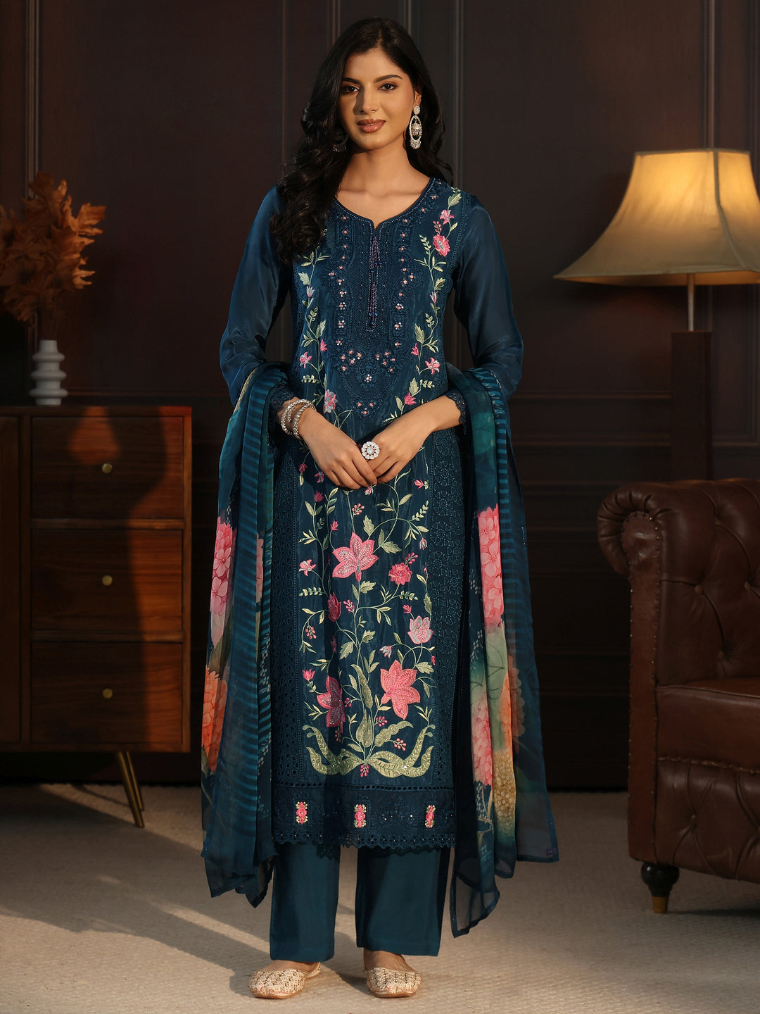 Libas Blue Floral Embroidered Organza Straight Suit Set