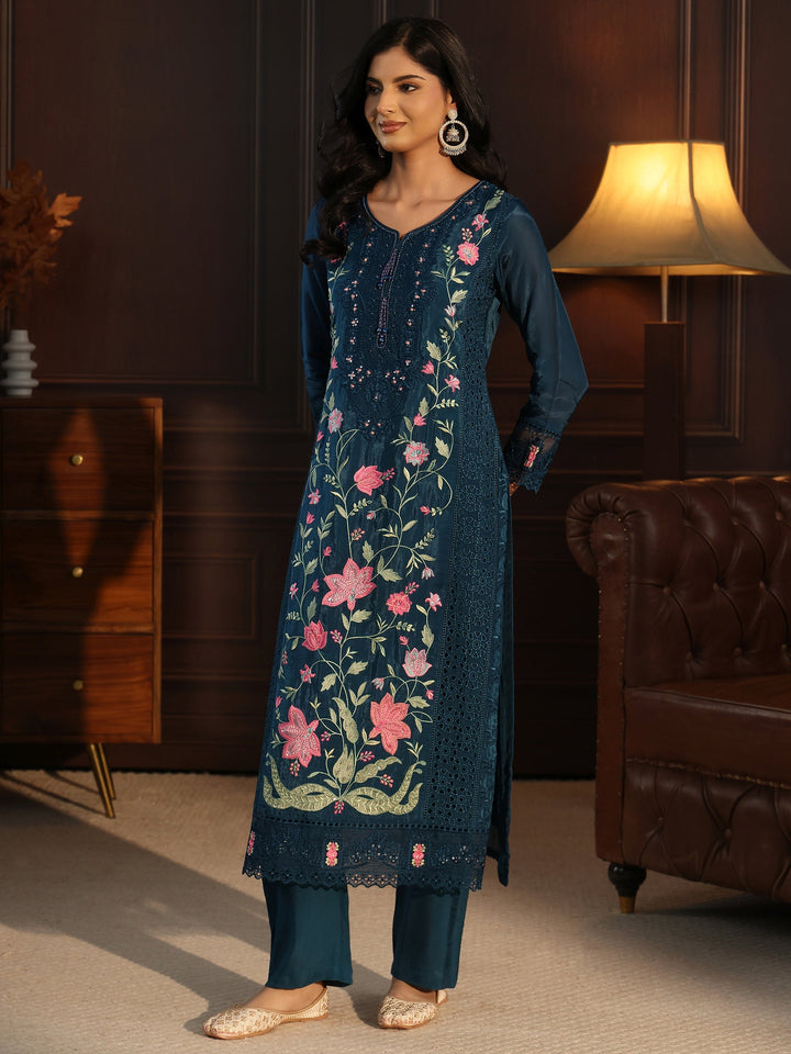Libas Blue Floral Embroidered Organza Straight Suit Set