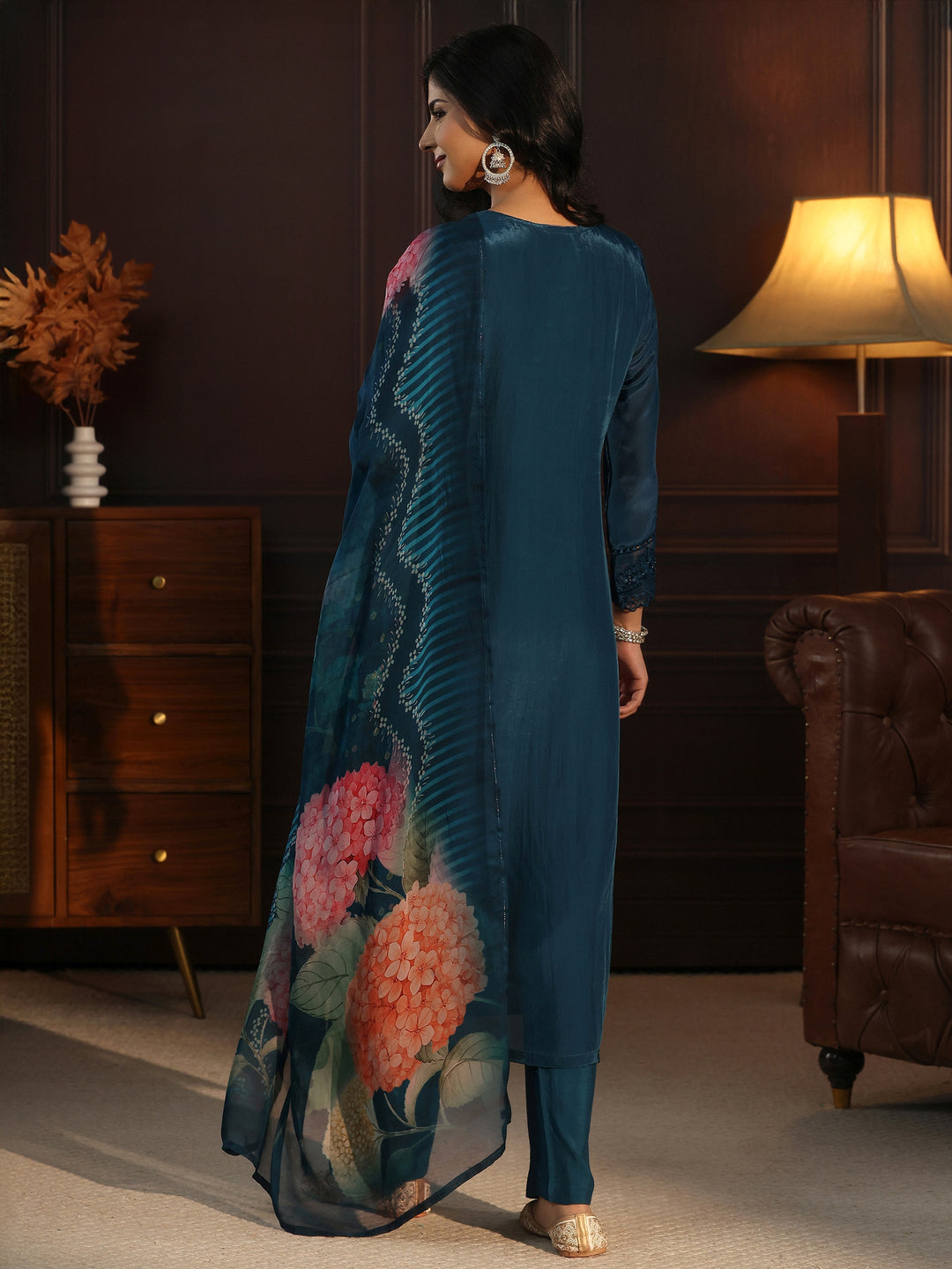 Libas Blue Floral Embroidered Organza Straight Suit Set