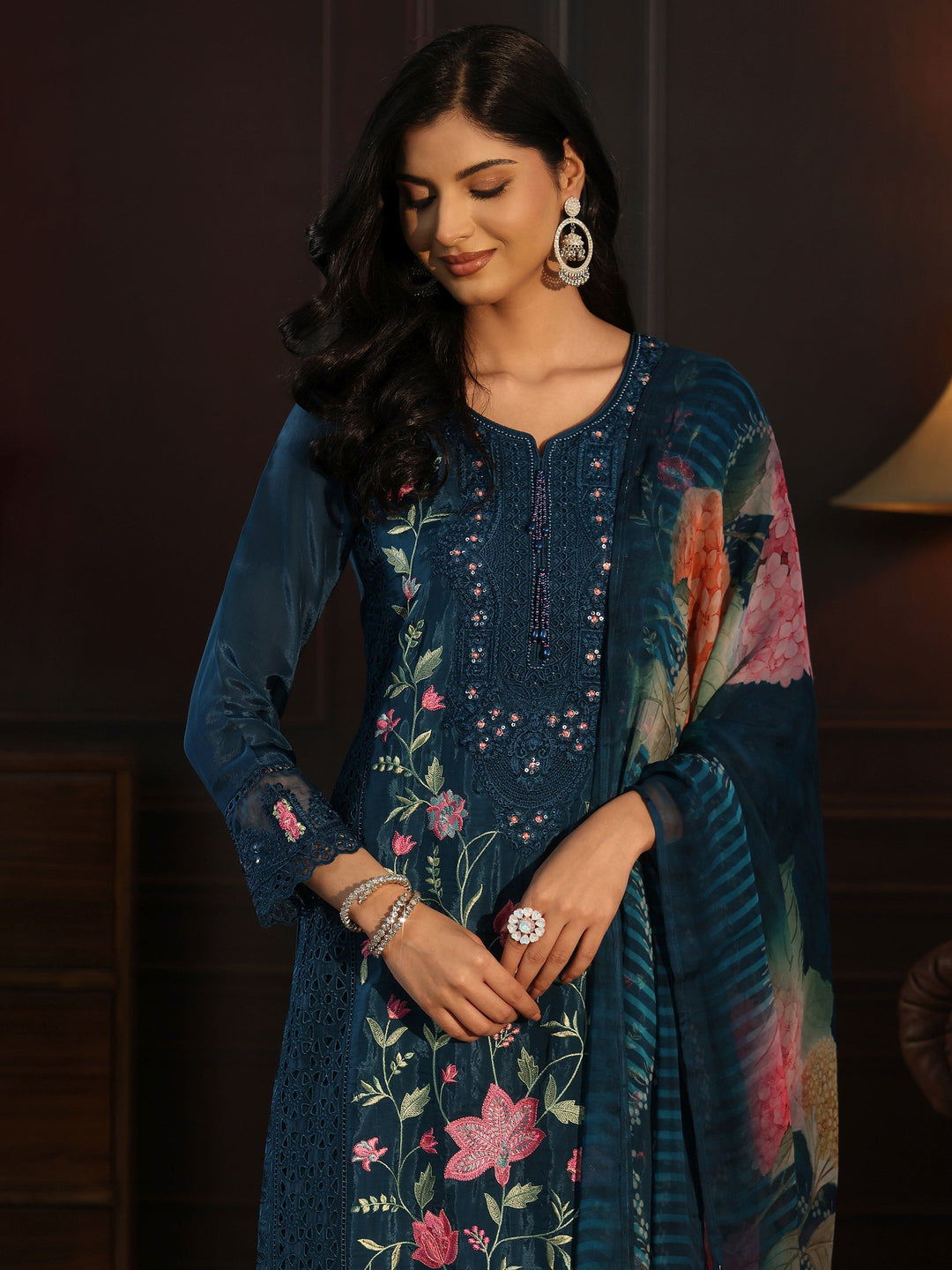 Libas Blue Floral Embroidered Organza Straight Suit Set