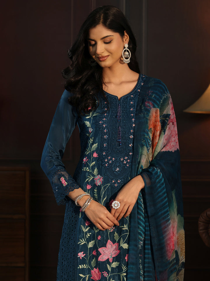 Libas Blue Floral Embroidered Organza Straight Suit Set