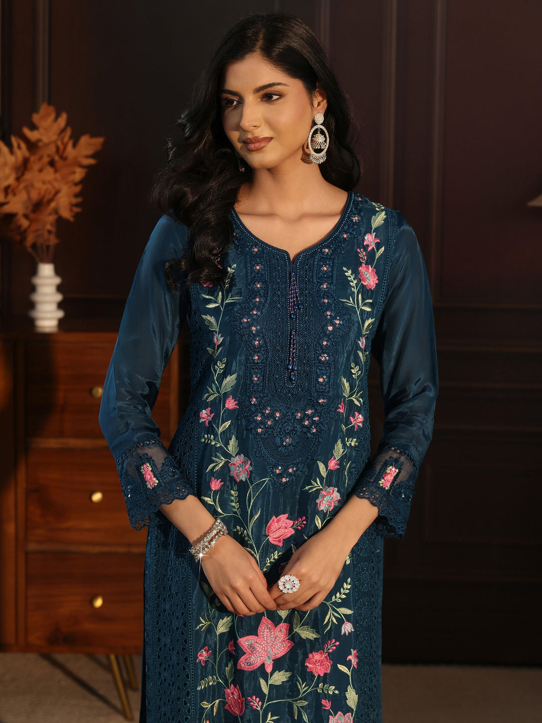 Libas Blue Floral Embroidered Organza Straight Suit Set