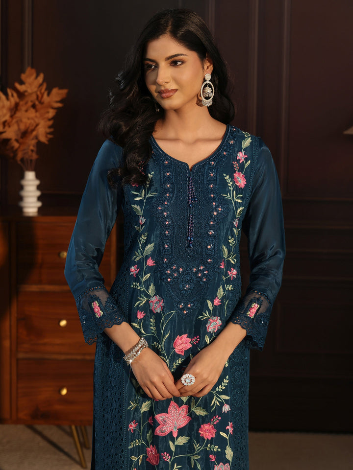 Libas Blue Floral Embroidered Organza Straight Suit Set