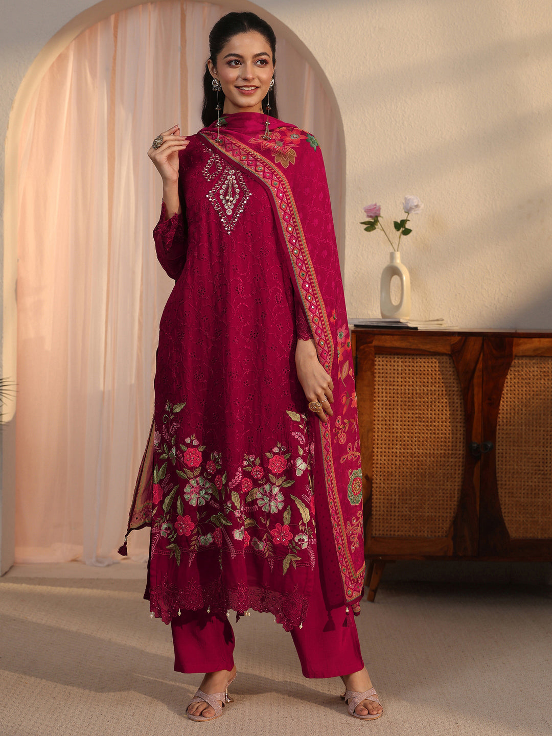 Libas Red Floral Embroidered Organza Straight Suit Set