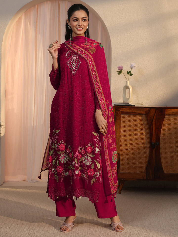 Libas Red Floral Embroidered Organza Straight Suit Set