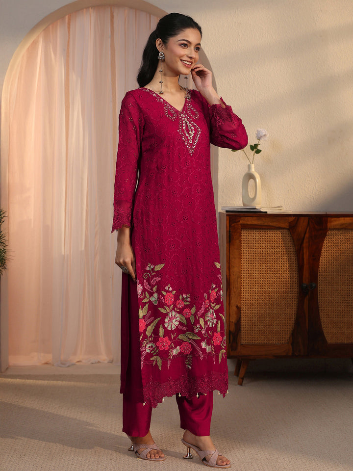 Libas Red Floral Embroidered Organza Straight Suit Set