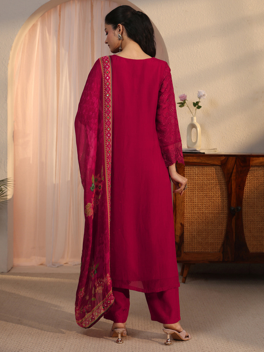 Libas Red Floral Embroidered Organza Straight Suit Set