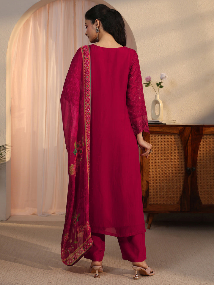 Libas Red Floral Embroidered Organza Straight Suit Set
